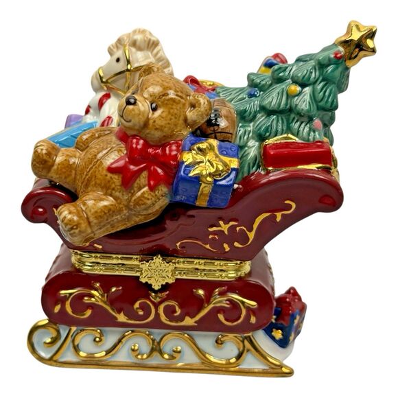 Traditions PORCELAIN CHRISTMAS SANTA & SLEIGH Decorative KEEPSAKE TRINKET BOX - Picture 3 of 16